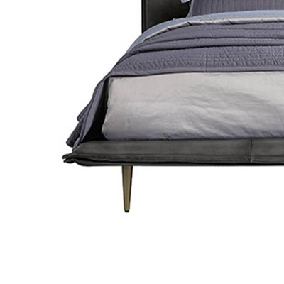 Metis Gray Top Grain Leather Upholstered Queen Bed with Metal Legs