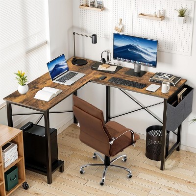 CAVINAS Home Office Desk L-Shaped Gaming Desk with Side Storage Pocket and CPU Bracket for Work, Game