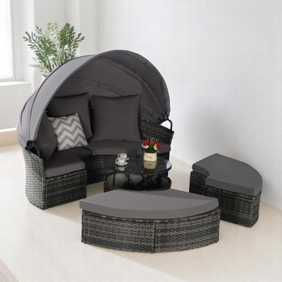 5-Piece Patio Wicker Daybed Set with Retractable Canopy, Storable Side Table, and Washable Cushions – Outdoor Furniture Set