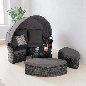 5-Piece Patio Wicker Daybed Set with Retractable Canopy, Storable Side Table, and Washable Cushions – Outdoor Furniture Set - 1 of 4