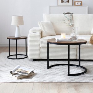 Set of 2 Round Nesting Coffee & Side Tables. Sturdy Metal Frame. For Living Room, Bedroom, Apartment. Modern Industrial, Simple Nightstand. - 1 of 4