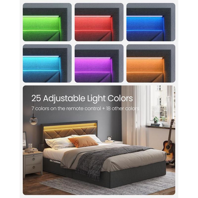 VASAGLE LED Bed Frame Queen/Full/Twin Size with Headboard and 4 Drawers, 1 USB Port and 1 Type C Port, Adjustable Upholstered Headboard, Grey, 2 of 7