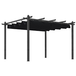 Outsunny Outdoor Retractable Pergola, Heavy Duty Wood Grain Aluminum with Weather Resistant Fabric Sun Shade Canopy, Patio Shelter - 1 of 4