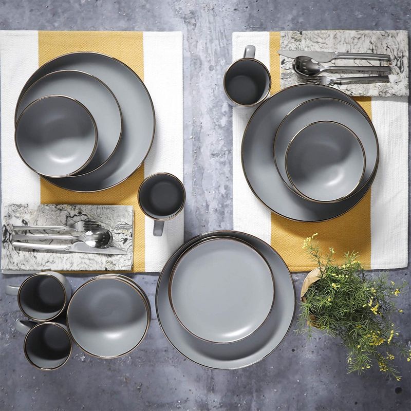Gibson Home Rockaway Round Stoneware Coupe Edged Dinnerware Set, Service for 4 with Dinner Plates, Dessert Plate, Bowls, & Mugs, Grey w/ Metallic Rim, 5 of 7