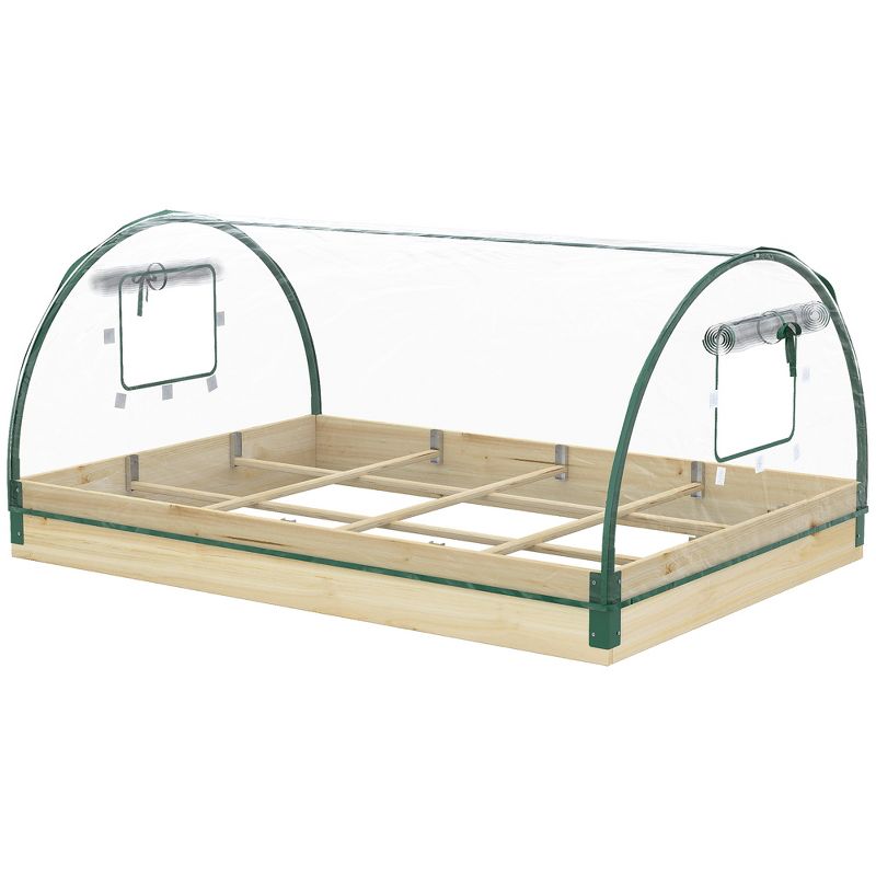 Outsunny 4' x 3' x 2' Raised Garden Bed with Greenhouse, Wooden Planter Box with PVC Plant Cover, Roll Up Windows for Vegetables, Flowers, Natural, 4 of 7