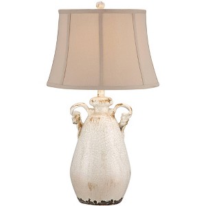Regency Hill Rustic Country Cottage Table Lamp 27" Tall with USB Charging Port Ivory Crackled Ceramic Beige Bell Shade for Bedroom Living Room House - 1 of 4
