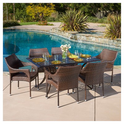 Cliff 7pc Cast Aluminum and Wicker Dining Set - Bronze/Brown - Christopher Knight Home