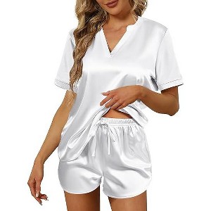 Ekouaer Silk Pajamas for Women Short Sleeve Satin Sleepwear Two-piece Pjs Set Soft V Neck Loungewear - 1 of 4