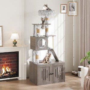 Cat Tree with Litter Box Enclosure, Hidden Washroom Litter Box Tree with Sisal Scratching Post and Soft Plush Perch, Cat Furniture with Platforms - 1 of 4