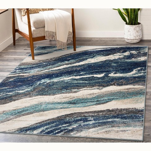 LUXE WEAVERS Marble Collection Blue 4x5 Modern Abstract Swirl
