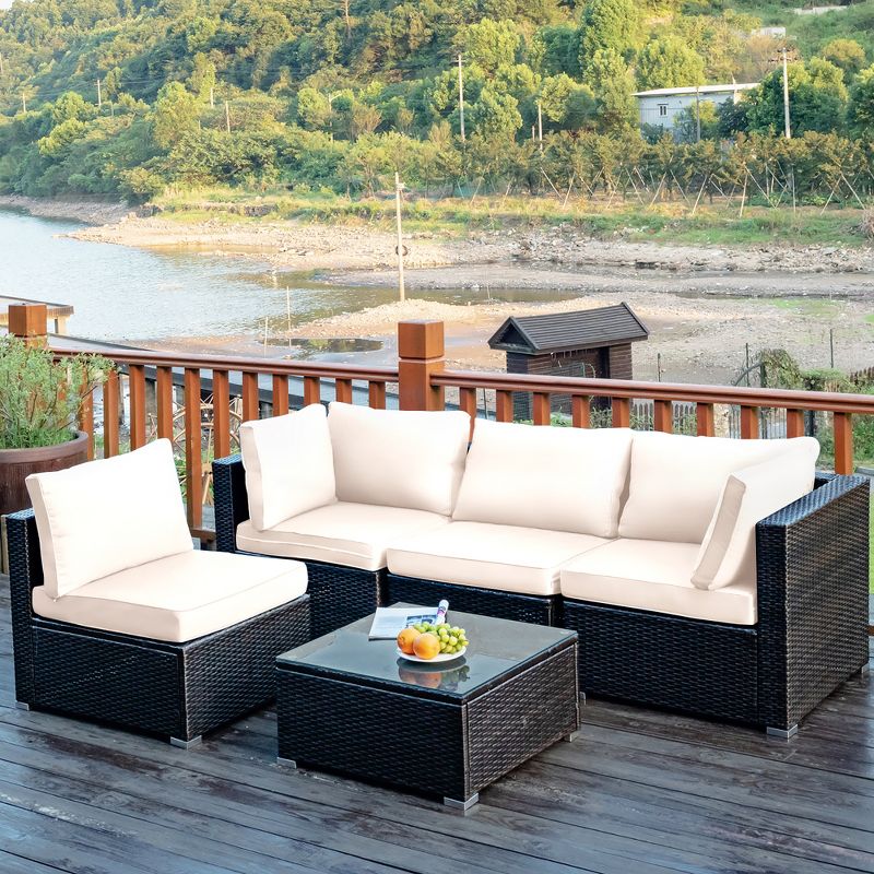 Costway  5PCS Patio Rattan Furniture Set Cushioned Sofa & Chair Coffee Table, 3 of 15