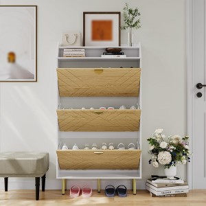 Wood Shoe Cabinet with 2 Flip Drawers, Narrow Freestanding Shoe Organizer with Open Shelf, Hidden Shoe Rack Cabinet for Entryway Living Room - 1 of 4