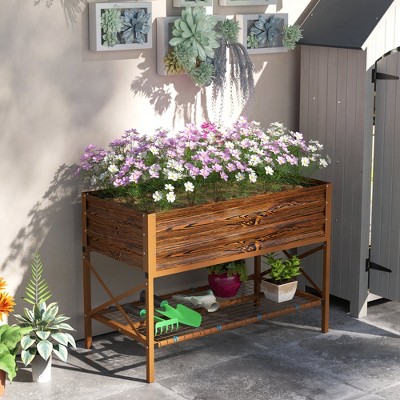 Dark Brown Galvanized Metal Raised Garden Bed with Storage Shelf