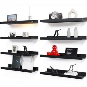 Floating Wall Mounted Shelves, 8count Set with Lip - Black Book Shelves for Bedroom - 1 of 4