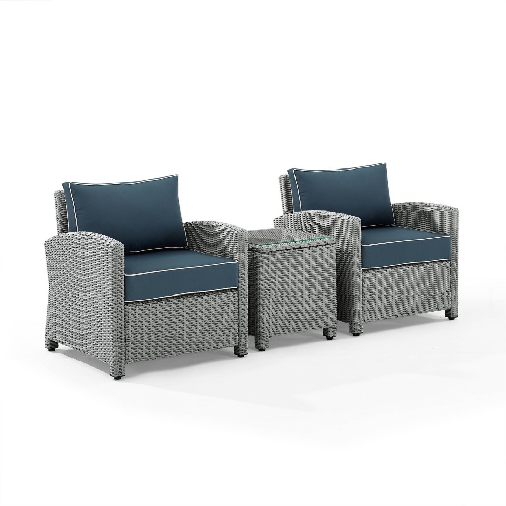 Bradenton 3pc Outdoor Wicker Arm Chairs & Side Table – Navy/Gray – Crosley  – Patio​