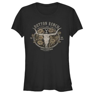 Juniors Womens Yellowstone Cow Skull and Flowers Protect The Family T-Shirt - 1 of 4