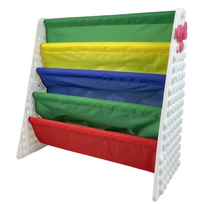 UNiPLAY Kids Plastic Bookcase Display Storage Rack, 4 Tier Bookshelf with Stacking Block Play Side Panels