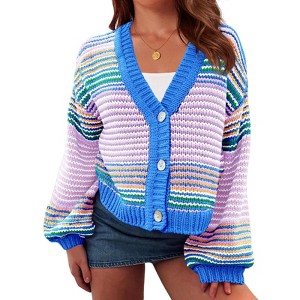 Imily Bela Womens Button Up Striped Cardigan Oversized V Neck Puff Sleeve Color Block Knit Coat - 1 of 4