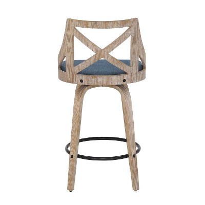 Set of 2 Blue Swivel Counter Height Stools with Wood Frame