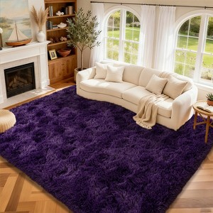 Rainbow Tie-Dye Fluffy Area Rug with Non-Slip Base & 4 Reusable Stickers, Plush Indoor Mat - 1 of 4