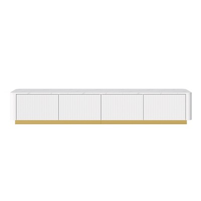 CLIHOME Fluted TV Stand for TVs Up to 85", Faux Marble Tabletop Media Console with 4 Drawers, Entertainment Center with Gold Base