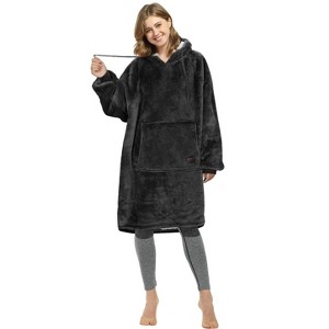 Catalonia Women Fleece Hoodie Sweatshirt Dress, Casual Snuggle Wearable Blanket Pullover Sweater with Kangaroo Pocket, Warm and Soft, Gift for Women - 1 of 4
