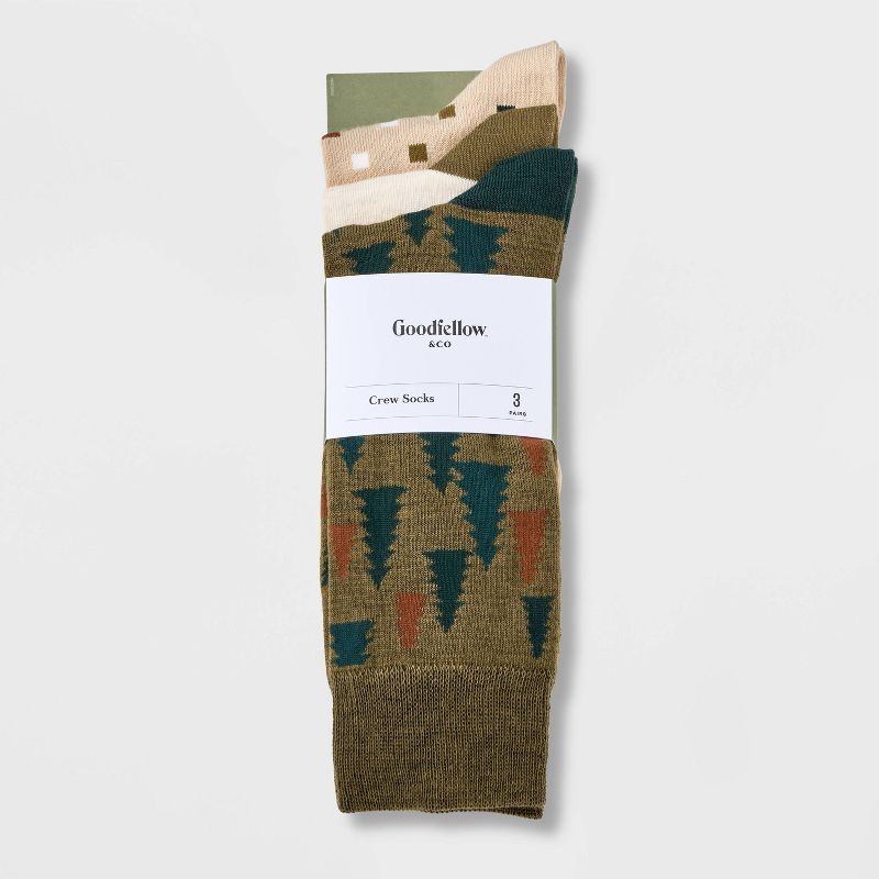 Men&#39;s Pine Tree Print Crew Socks 3pk - Goodfellow &#38; Co&#8482; Olive Green/Tan 7-12, 4 of 5