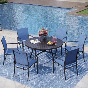 Captiva Designs 7pc Black Round Slatted Steel Table with Umbrella Hole & Textilene Chairs - 1 of 4