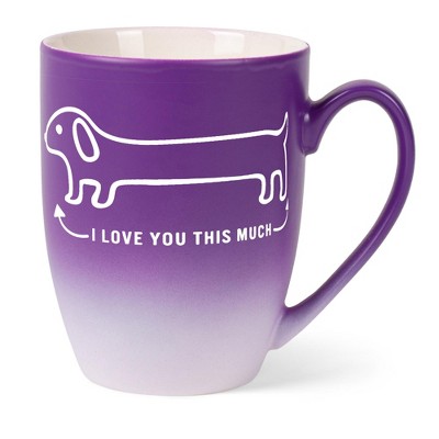 Elanze Designs Witty Pet Lover Coffee Cup Mug 12 Ounce Ceramic With Ombre Gradient Love You This Much Weiner Dog Purple and White