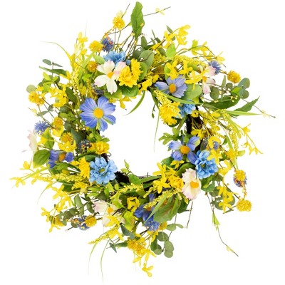 Northlight Daisy and Cosmos Floral Spring Wreath - 24" - Yellow and Blue