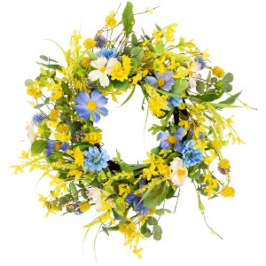 Northlight Daisy and Cosmos Floral Spring Wreath - 24" - Yellow and Blue - 1 of 4