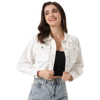 Allegra K Women's Button Down Long Sleeve Casual Chambray Cargo Crop Jacket