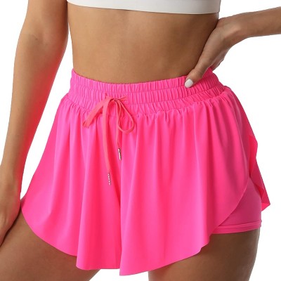 Hot-pink Medium Flowy Athletic Shorts for Women Running Tennis Butterfly Shorts Girls 2-in-1 Double Layer Quick-Drying Comfy Shorts