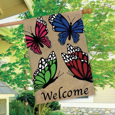 Spring Butterfly Welcome Burlap Garden Flag