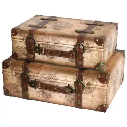 Vintiquewise Old World Map Leather Vintage Style Suitcase with Straps, Set of 2