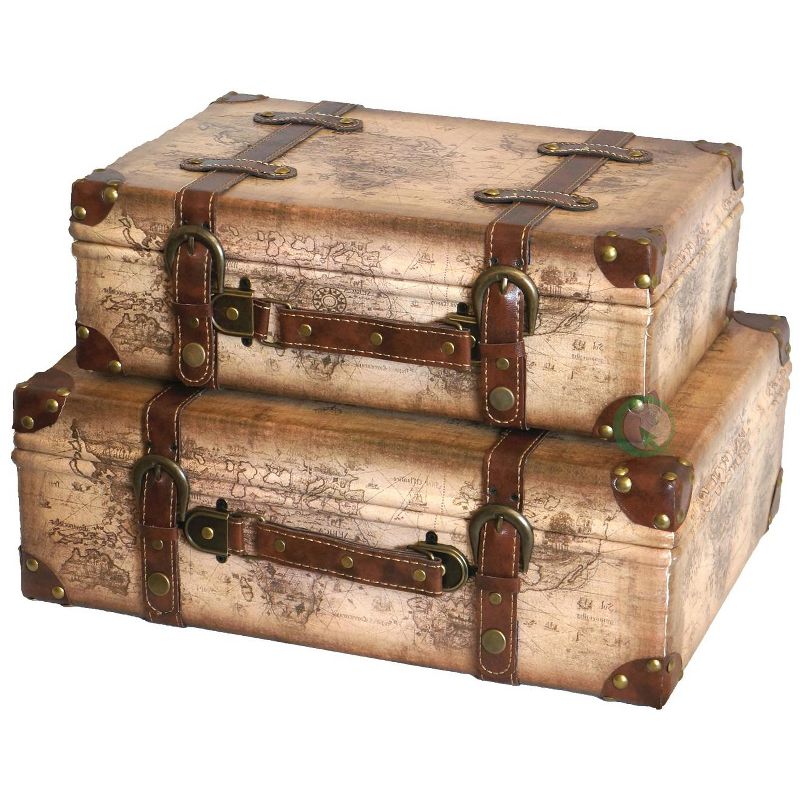 Vintiquewise Old World Map Leather Vintage Style Suitcase with Straps, Set of 2, 1 of 6