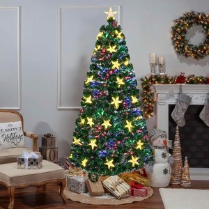 MAYEERTY 7FT Pre-lit Fiber Optic Christmas Tree with Large Stars Color Changing Optical Fiber Lights Metal Stand Full Tree for Holiday Decor - 1 of 4