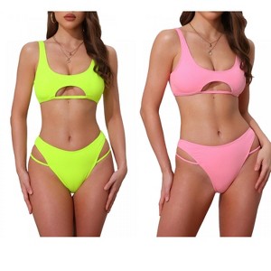 INSPIRE CHIC Women's Ribbed Scoop Neck Top Triangle Bottom Swimwear Bikini Suits 2 Sets - 1 of 4