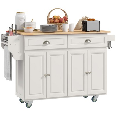 HOMCOM Rolling Kitchen Island Drop Leaf, Kitchen Cart on Wheels, Solid Wood Top Breakfast with Storage Drawers, Cabinets and Spice Rack