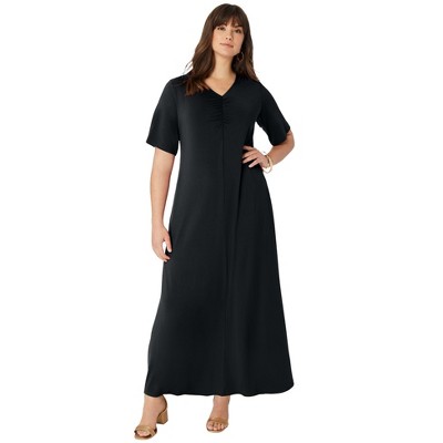 Roaman's Women's Plus Size Ultrasmooth Fabric Ruched V-Neckline Maxi Dress