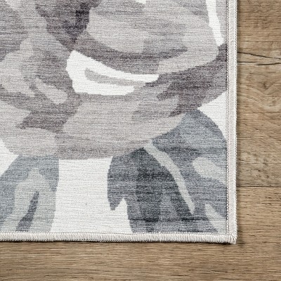 Gray Floral Washable Stain-Resistant Synthetic Area Rug 4' x 6'