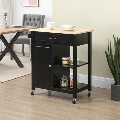 Elegant Black Solid Wood Butcher Block Kitchen Cart with Storage
