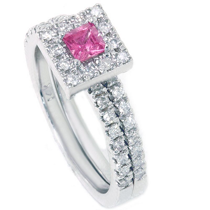 Pompeii3 5/8ct Princess Cut Pink Sapphire & Diamond Engagement Wedding Ring Set 14K White Gold, 3 of 5