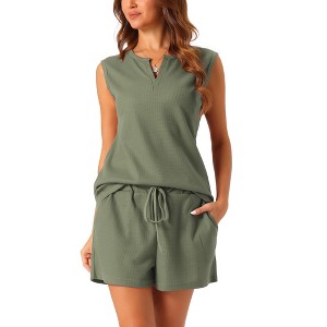 cheibear Women's Waffle Knit Sleeveless Tank Top and Shorts Pajama Sets - 1 of 4