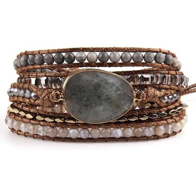 Women's Wrap Bracelet with Natural Jasper Crystal Stone Beads, Bohemian Leather Strand Bracelet
