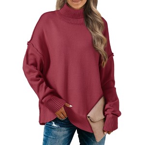 INSPIRE CHIC Women's Mock Neck Long Sleeve Loose Oversized Sweater Tops - 1 of 4