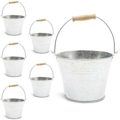 Juvale 6 Pack Galvanized Metal Buckets with Wooden Handles for Decoration (4.5 x 5.75 in)