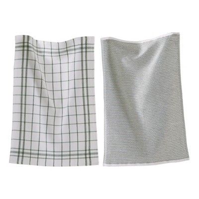 tagltd 26L"x18W" Classic Foliage Cotton Set of 2 Checked and Solid Terry Cloth Dishtowel Kitchen Towel Green Machine Washable