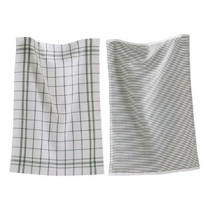 tagltd 26L"x18W" Classic Foliage Cotton Set of 2 Checked and Solid Terry Cloth Dishtowel Kitchen Towel Green Machine Washable - 1 of 3