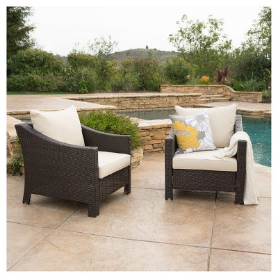 Antibes Set of 2 Dark Wicker Club Chairs with Beige Cushions